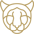 Stylized golden panther face on black background.