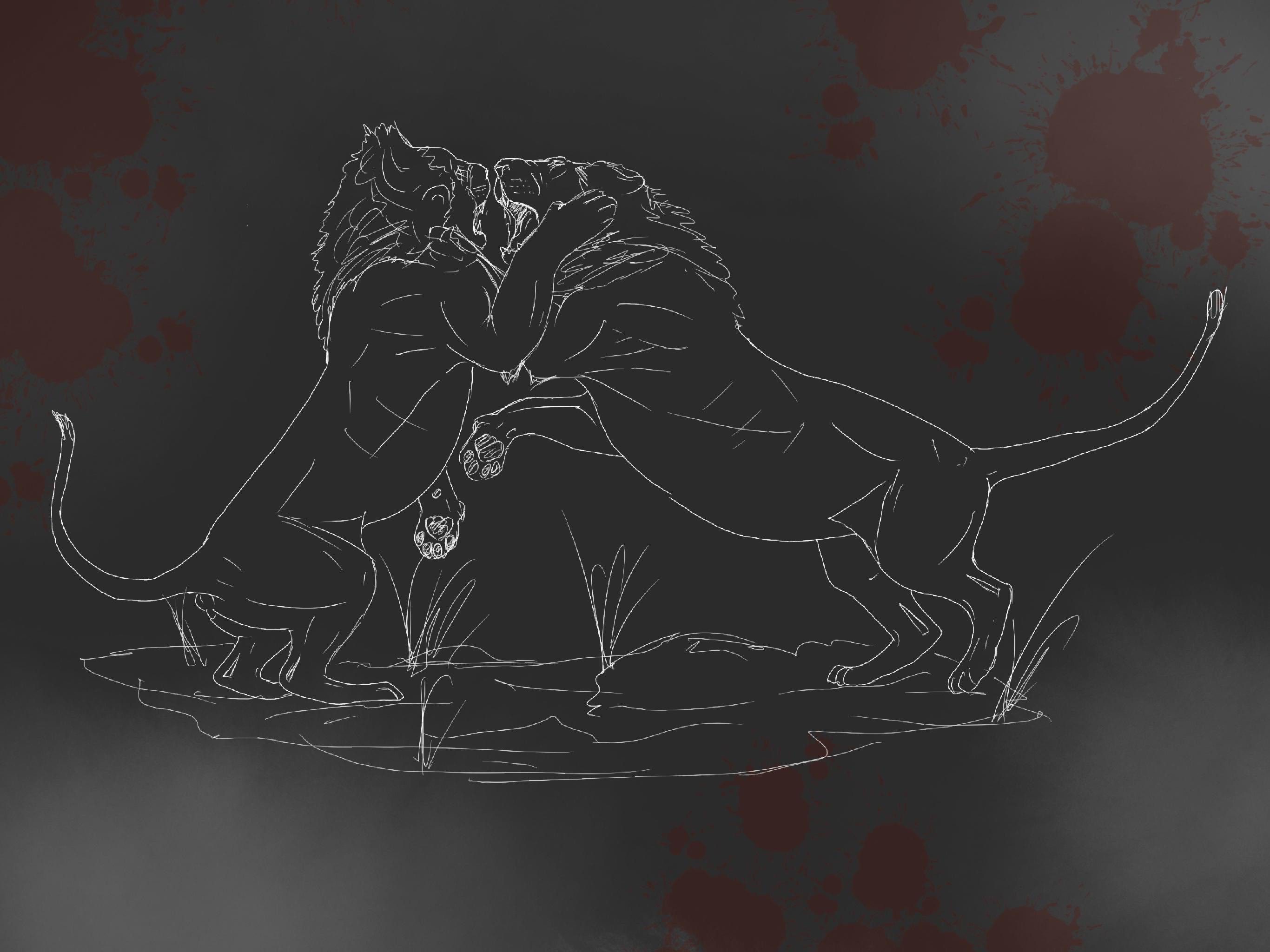 Two lions fighting in artistic illustration.